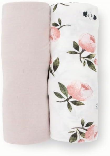 imageLittle Unicorn Large Stretch Knit Swaddle Blanket 2 Pack Super Soft with Optimal Stretch for swaddling  Giftable Set Dino PalsWatercolor Rose
