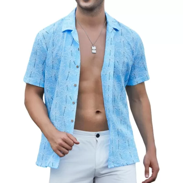 Alex Vando Mens Camp Collar Shirt Seerscuker Casual Short Sleeve Printed Shirts for Men