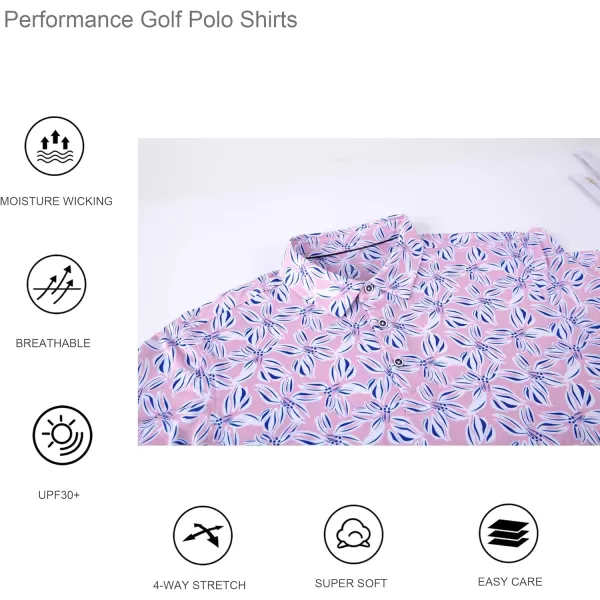 imageAlex Vando Mens Hawaiian Golf Shirt Moisture Wicking Digital Print Golf Shirts for MenPink Leaf