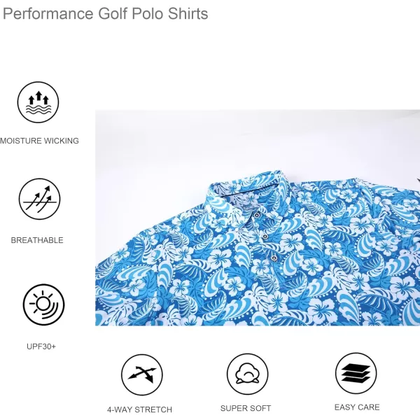 imageAlex Vando Mens Hawaiian Golf Shirt Moisture Wicking Digital Print Golf Shirts for MenTurquoise Leaf