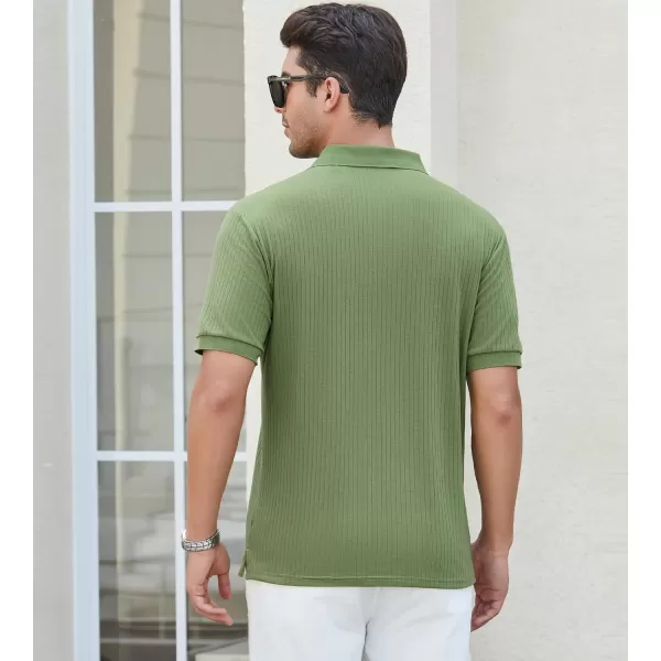 imageAlex Vando Mens Knit Polo Shirts V Neck Casual Short Sleeve Regular Fit Ribbed Textured Knit Golf Polo Shirts for MenArmy
