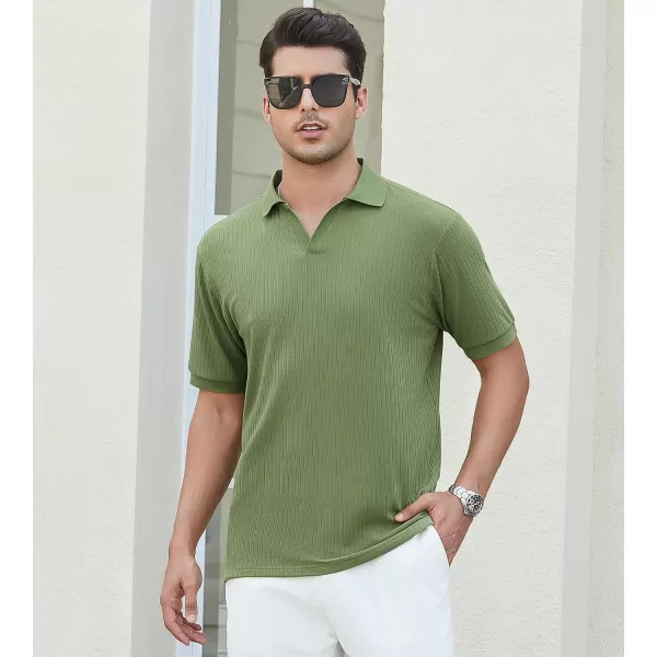 imageAlex Vando Mens Knit Polo Shirts V Neck Casual Short Sleeve Regular Fit Ribbed Textured Knit Golf Polo Shirts for MenArmy