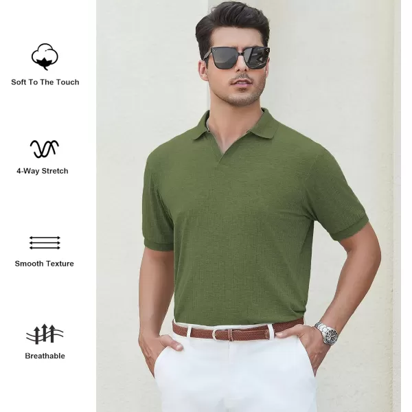 imageAlex Vando Mens Knit Polo Shirts V Neck Casual Short Sleeve Regular Fit Ribbed Textured Knit Golf Polo Shirts for MenArmy