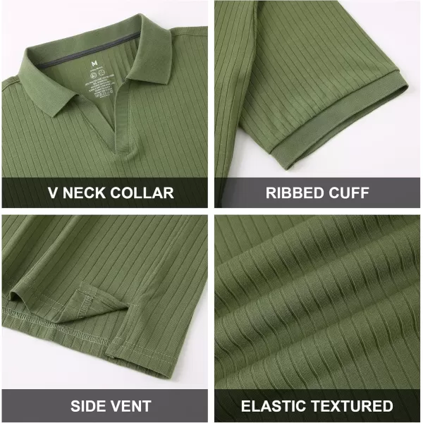 imageAlex Vando Mens Knit Polo Shirts V Neck Casual Short Sleeve Regular Fit Ribbed Textured Knit Golf Polo Shirts for MenArmy
