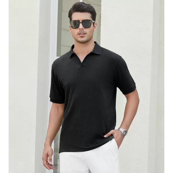 imageAlex Vando Mens Knit Polo Shirts V Neck Casual Short Sleeve Regular Fit Ribbed Textured Knit Golf Polo Shirts for MenBlack