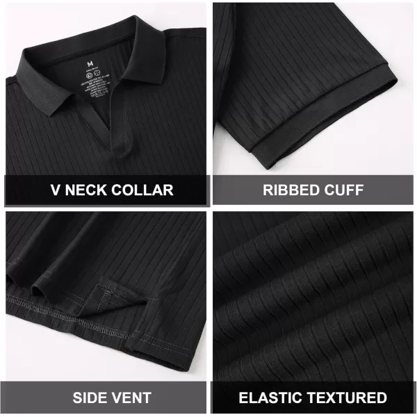 imageAlex Vando Mens Knit Polo Shirts V Neck Casual Short Sleeve Regular Fit Ribbed Textured Knit Golf Polo Shirts for MenBlack