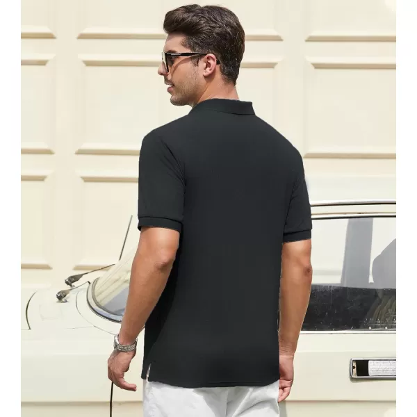 imageAlex Vando Mens Knit Polo Shirts V Neck Casual Short Sleeve Regular Fit Ribbed Textured Knit Golf Polo Shirts for MenBlack