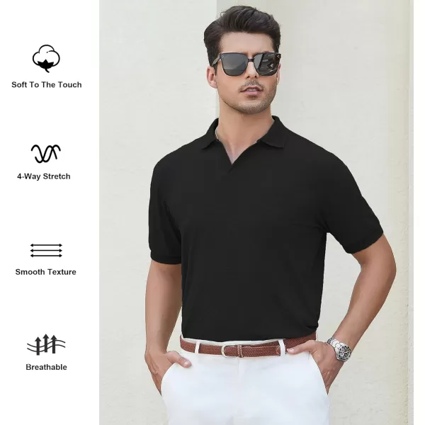 imageAlex Vando Mens Knit Polo Shirts V Neck Casual Short Sleeve Regular Fit Ribbed Textured Knit Golf Polo Shirts for MenBlack
