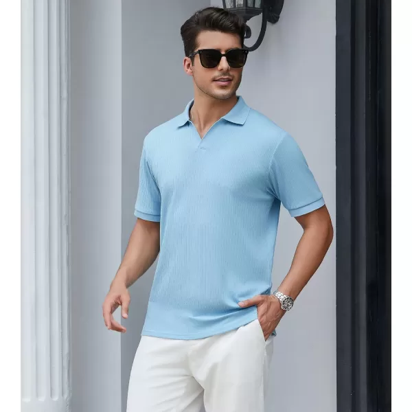 imageAlex Vando Mens Knit Polo Shirts V Neck Casual Short Sleeve Regular Fit Ribbed Textured Knit Golf Polo Shirts for MenBlue