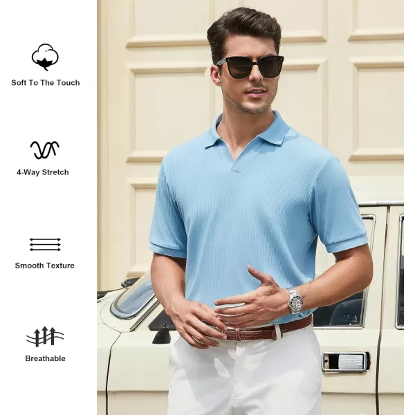 imageAlex Vando Mens Knit Polo Shirts V Neck Casual Short Sleeve Regular Fit Ribbed Textured Knit Golf Polo Shirts for MenBlue