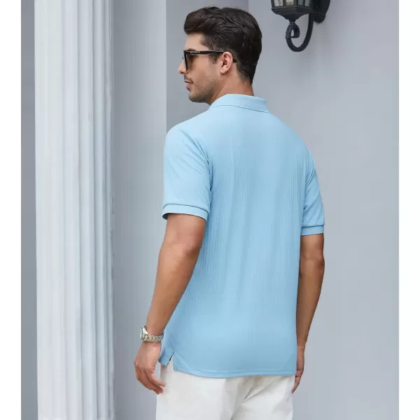 imageAlex Vando Mens Knit Polo Shirts V Neck Casual Short Sleeve Regular Fit Ribbed Textured Knit Golf Polo Shirts for MenBlue