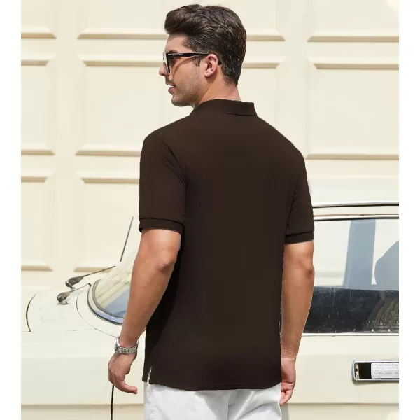 imageAlex Vando Mens Knit Polo Shirts V Neck Casual Short Sleeve Regular Fit Ribbed Textured Knit Golf Polo Shirts for MenBrown
