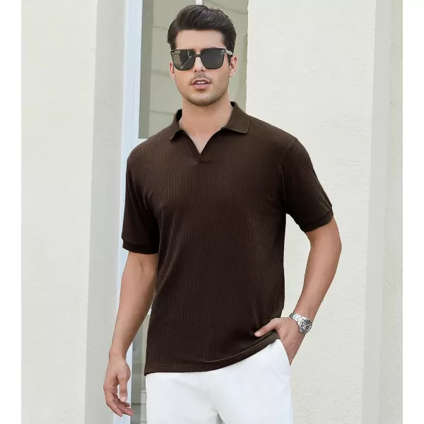 imageAlex Vando Mens Knit Polo Shirts V Neck Casual Short Sleeve Regular Fit Ribbed Textured Knit Golf Polo Shirts for MenBrown