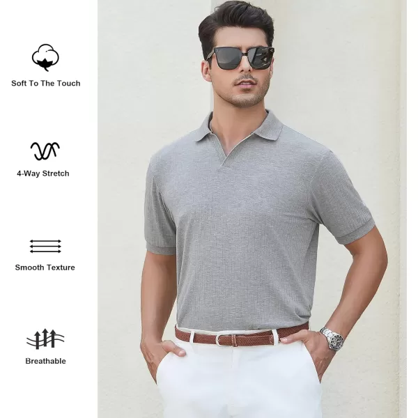 imageAlex Vando Mens Knit Polo Shirts V Neck Casual Short Sleeve Regular Fit Ribbed Textured Knit Golf Polo Shirts for MenGrey