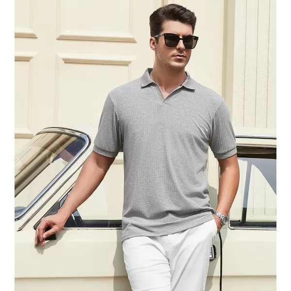 imageAlex Vando Mens Knit Polo Shirts V Neck Casual Short Sleeve Regular Fit Ribbed Textured Knit Golf Polo Shirts for MenGrey