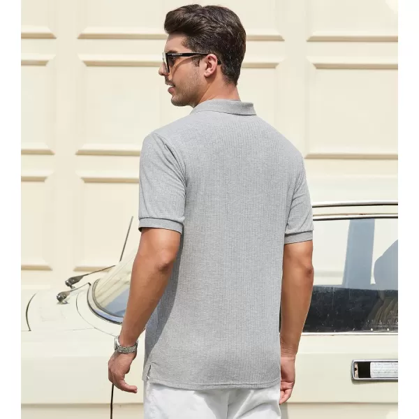 imageAlex Vando Mens Knit Polo Shirts V Neck Casual Short Sleeve Regular Fit Ribbed Textured Knit Golf Polo Shirts for MenGrey