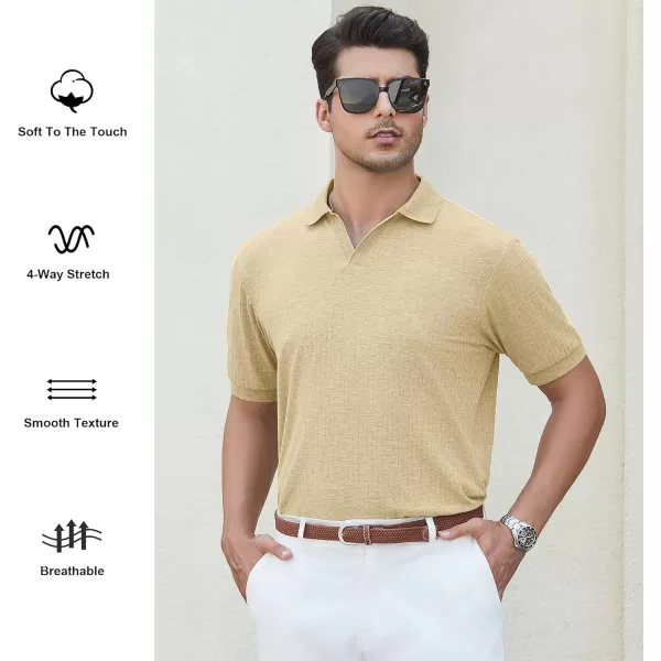 imageAlex Vando Mens Knit Polo Shirts V Neck Casual Short Sleeve Regular Fit Ribbed Textured Knit Golf Polo Shirts for MenKhaki