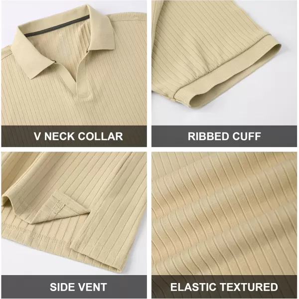 imageAlex Vando Mens Knit Polo Shirts V Neck Casual Short Sleeve Regular Fit Ribbed Textured Knit Golf Polo Shirts for MenKhaki