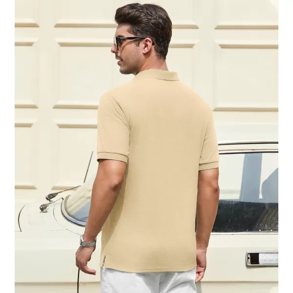 imageAlex Vando Mens Knit Polo Shirts V Neck Casual Short Sleeve Regular Fit Ribbed Textured Knit Golf Polo Shirts for MenKhaki