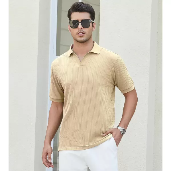 imageAlex Vando Mens Knit Polo Shirts V Neck Casual Short Sleeve Regular Fit Ribbed Textured Knit Golf Polo Shirts for MenKhaki