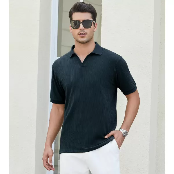 imageAlex Vando Mens Knit Polo Shirts V Neck Casual Short Sleeve Regular Fit Ribbed Textured Knit Golf Polo Shirts for MenNavy
