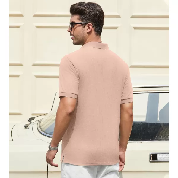 imageAlex Vando Mens Knit Polo Shirts V Neck Casual Short Sleeve Regular Fit Ribbed Textured Knit Golf Polo Shirts for MenPink