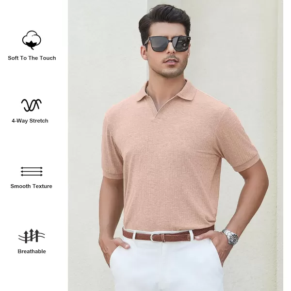 imageAlex Vando Mens Knit Polo Shirts V Neck Casual Short Sleeve Regular Fit Ribbed Textured Knit Golf Polo Shirts for MenPink
