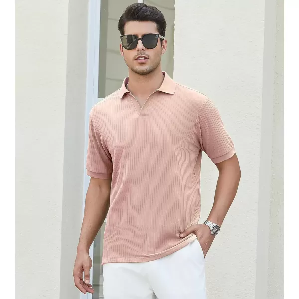 imageAlex Vando Mens Knit Polo Shirts V Neck Casual Short Sleeve Regular Fit Ribbed Textured Knit Golf Polo Shirts for MenPink