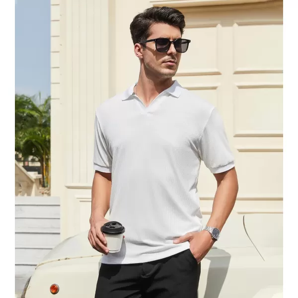 imageAlex Vando Mens Knit Polo Shirts V Neck Casual Short Sleeve Regular Fit Ribbed Textured Knit Golf Polo Shirts for MenWhite
