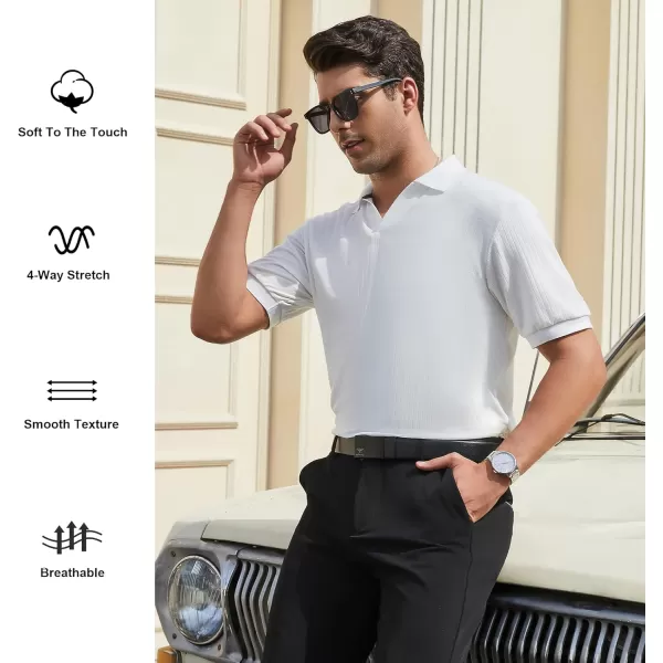 imageAlex Vando Mens Knit Polo Shirts V Neck Casual Short Sleeve Regular Fit Ribbed Textured Knit Golf Polo Shirts for MenWhite