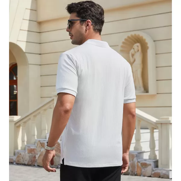 imageAlex Vando Mens Knit Polo Shirts V Neck Casual Short Sleeve Regular Fit Ribbed Textured Knit Golf Polo Shirts for MenWhite
