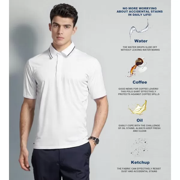 imageAlex Vando Mens Stain Resistant Polo Shirt Short Sleeve Soild Stretch Performance Work Polo Shirts for MenWhite