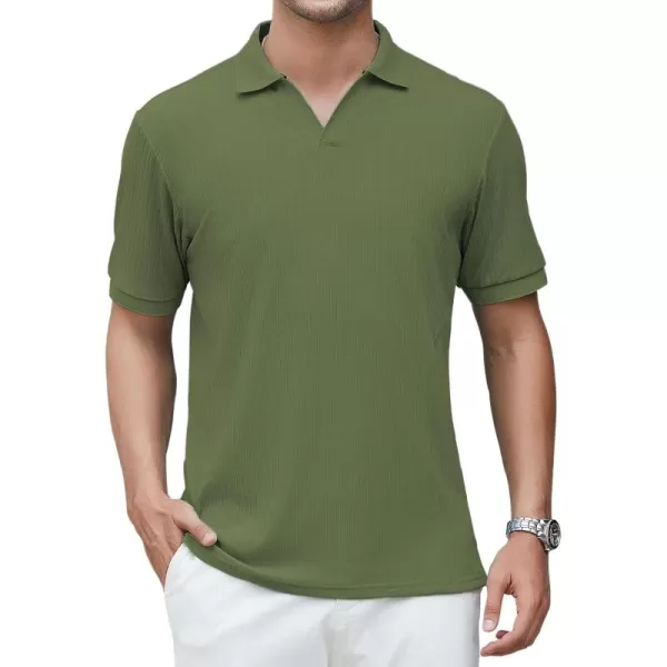 imageAlex Vando Mens Knit Polo Shirts V Neck Casual Short Sleeve Regular Fit Ribbed Textured Knit Golf Polo Shirts for MenArmy