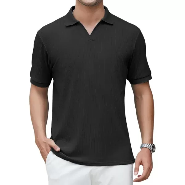 imageAlex Vando Mens Knit Polo Shirts V Neck Casual Short Sleeve Regular Fit Ribbed Textured Knit Golf Polo Shirts for MenBlack
