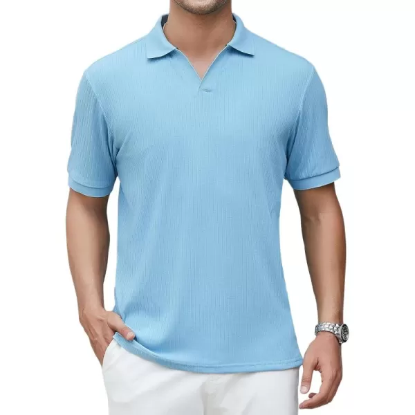 imageAlex Vando Mens Knit Polo Shirts V Neck Casual Short Sleeve Regular Fit Ribbed Textured Knit Golf Polo Shirts for MenBlue