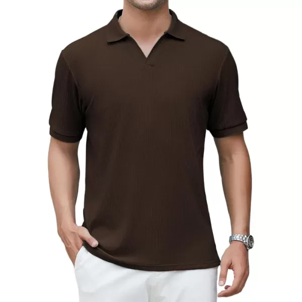 imageAlex Vando Mens Knit Polo Shirts V Neck Casual Short Sleeve Regular Fit Ribbed Textured Knit Golf Polo Shirts for MenBrown
