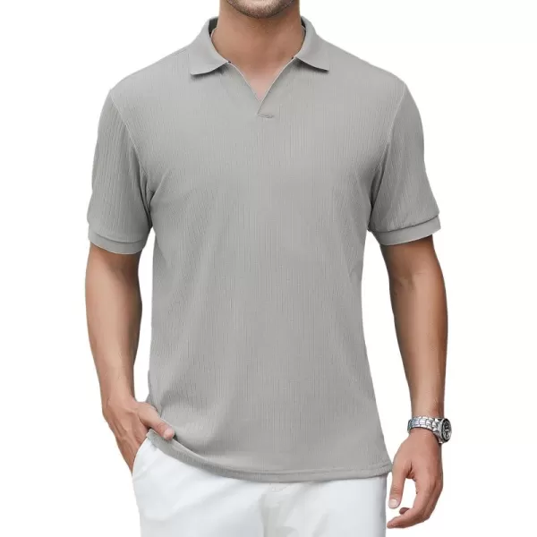 imageAlex Vando Mens Knit Polo Shirts V Neck Casual Short Sleeve Regular Fit Ribbed Textured Knit Golf Polo Shirts for MenGrey