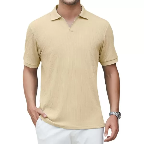 imageAlex Vando Mens Knit Polo Shirts V Neck Casual Short Sleeve Regular Fit Ribbed Textured Knit Golf Polo Shirts for MenKhaki