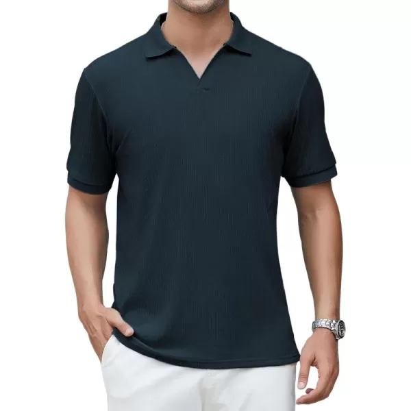 imageAlex Vando Mens Knit Polo Shirts V Neck Casual Short Sleeve Regular Fit Ribbed Textured Knit Golf Polo Shirts for MenNavy