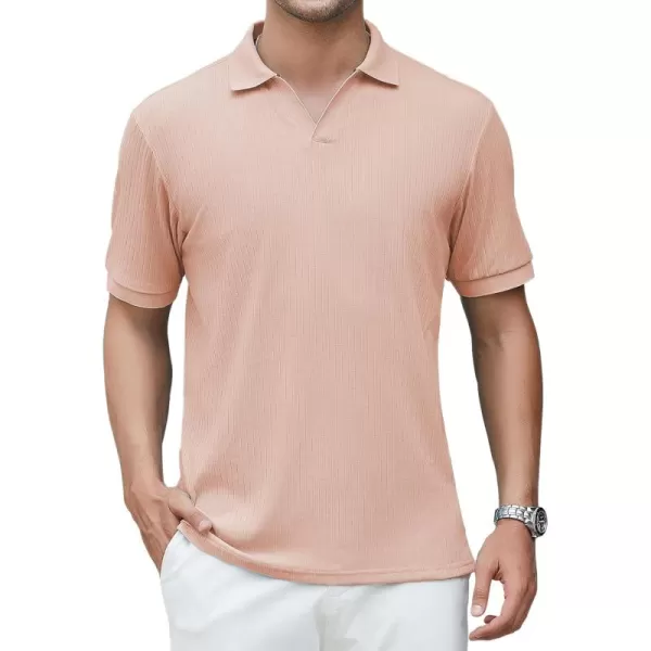imageAlex Vando Mens Knit Polo Shirts V Neck Casual Short Sleeve Regular Fit Ribbed Textured Knit Golf Polo Shirts for MenPink
