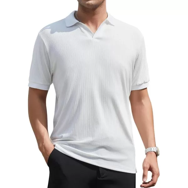 imageAlex Vando Mens Knit Polo Shirts V Neck Casual Short Sleeve Regular Fit Ribbed Textured Knit Golf Polo Shirts for MenWhite