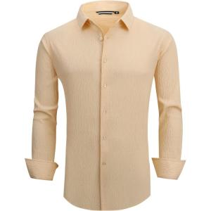 imageAlex Vando Mens Seersucker Dress Shirts Striped Business Casual Cotton Shirts for MenBeige