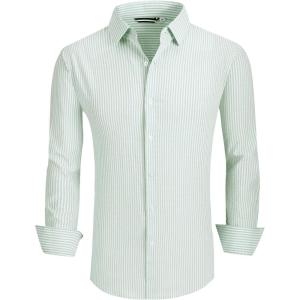 imageAlex Vando Mens Seersucker Dress Shirts Striped Business Casual Cotton Shirts for MenGreen Stripe