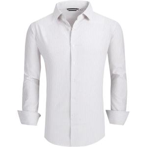 imageAlex Vando Mens Seersucker Dress Shirts Striped Business Casual Cotton Shirts for MenKhaki Stripe
