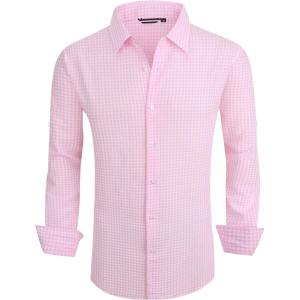 imageAlex Vando Mens Seersucker Dress Shirts Striped Business Casual Cotton Shirts for MenPink Check