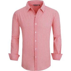 imageAlex Vando Mens Seersucker Dress Shirts Striped Business Casual Cotton Shirts for MenRed Stripe
