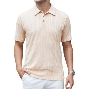 imageAlex Vando Mens Jacquard Kint Polo Shirts Short Sleeve Vintage Regular Fit Texture Knitted Polo Shirts with CollarApricot