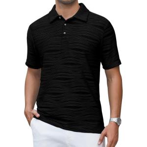 imageAlex Vando Mens Jacquard Kint Polo Shirts Short Sleeve Vintage Regular Fit Texture Knitted Polo Shirts with CollarBlack