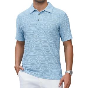 imageAlex Vando Mens Jacquard Kint Polo Shirts Short Sleeve Vintage Regular Fit Texture Knitted Polo Shirts with CollarBlue