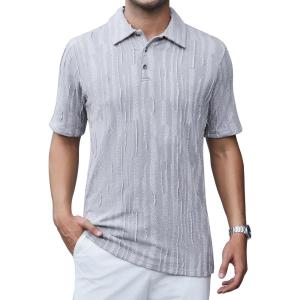 imageAlex Vando Mens Jacquard Kint Polo Shirts Short Sleeve Vintage Regular Fit Texture Knitted Polo Shirts with CollarGrey
